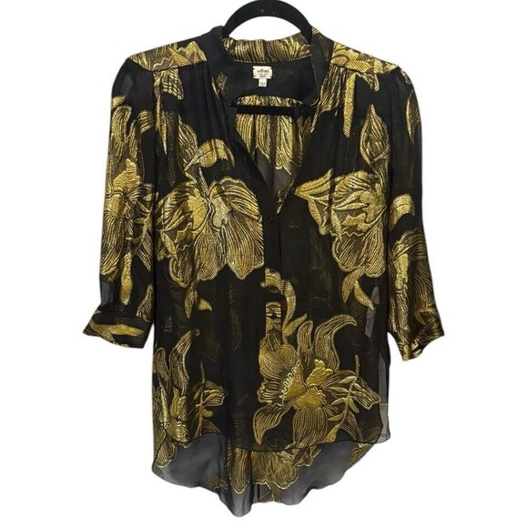 Wilfred With Silk Button Down Sheer Blouse Size‎ XS Black Gold Metallic Hi Lo - Picture 1 of 4